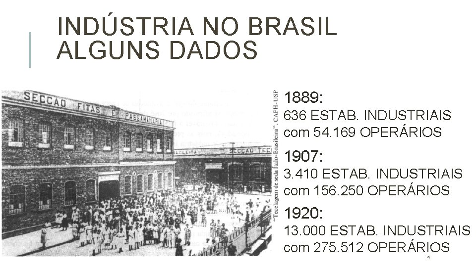INDÚSTRIA NO BRASIL ALGUNS DADOS 1889: 636 ESTAB. INDUSTRIAIS com 54. 169 OPERÁRIOS 1907: