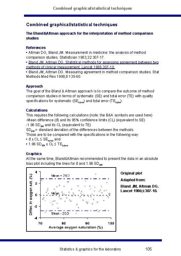 Combined graphical/statistical techniques The Bland&Altman approach for the interpretation of method comparison studies References