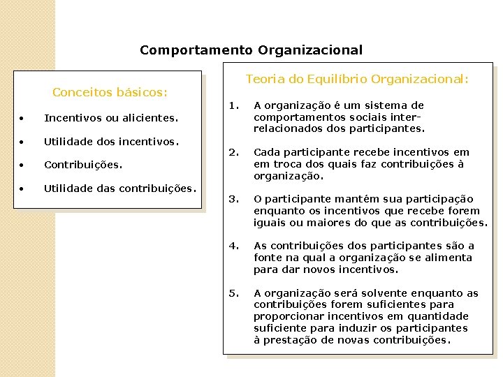 Comportamento Organizacional Teoria do Equilíbrio Organizacional: Conceitos básicos: • Incentivos ou alicientes. • Utilidade