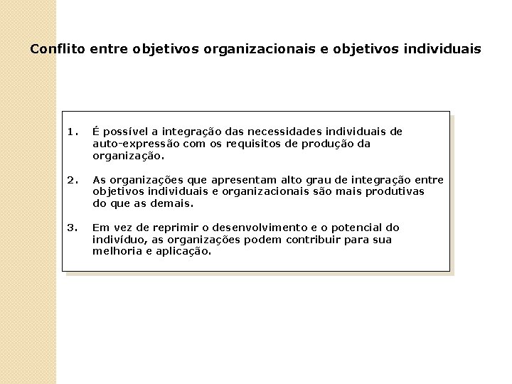 Conflito entre objetivos organizacionais e objetivos individuais 1. É possível a integração das necessidades