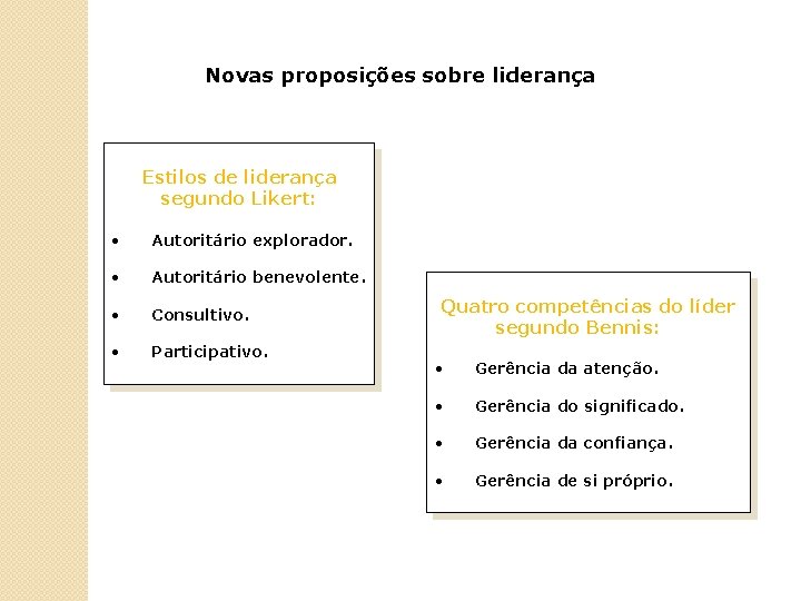 Novas proposições sobre liderança Estilos de liderança segundo Likert: • Autoritário explorador. • Autoritário