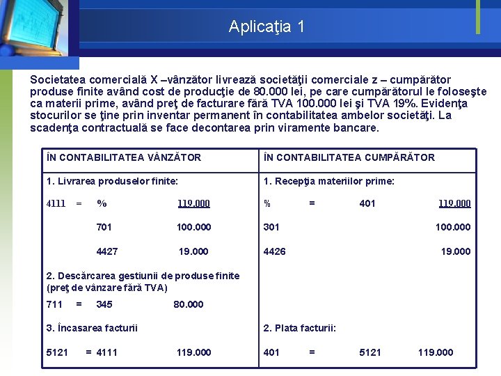 Aplicaţia 1 Societatea comercială X –vânzător livrează societăţii comerciale z – cumpărător produse finite Aplicaţia 1 Societatea comercială X –vânzător livrează societăţii comerciale z – cumpărător produse finite