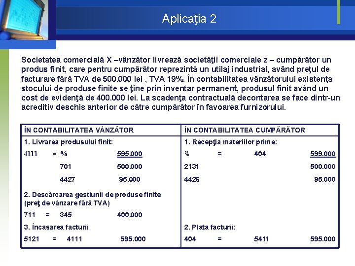 Aplicaţia 2 Societatea comercială X –vânzător livrează societăţii comerciale z – cumpărător un produs Aplicaţia 2 Societatea comercială X –vânzător livrează societăţii comerciale z – cumpărător un produs