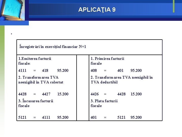 APLICAŢIA 9 . Înregistrări în exerciţiul financiar N+1 1. Emiterea facturii fiscale: 4111 = APLICAŢIA 9 . Înregistrări în exerciţiul financiar N+1 1. Emiterea facturii fiscale: 4111 =