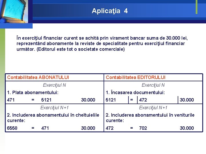 Aplicaţia 4 În exerciţiul financiar curent se achită prin virament bancar suma de 30. Aplicaţia 4 În exerciţiul financiar curent se achită prin virament bancar suma de 30.