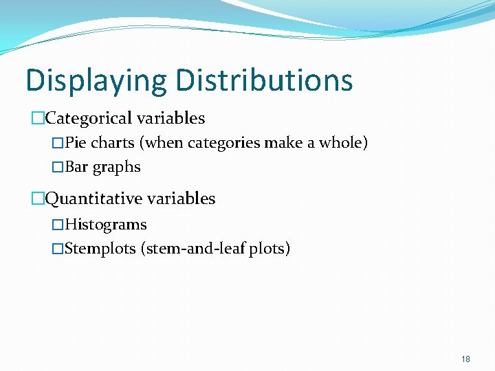 Displaying Distributions �Categorical variables �Pie charts (when categories make a whole) �Bar graphs �Quantitative