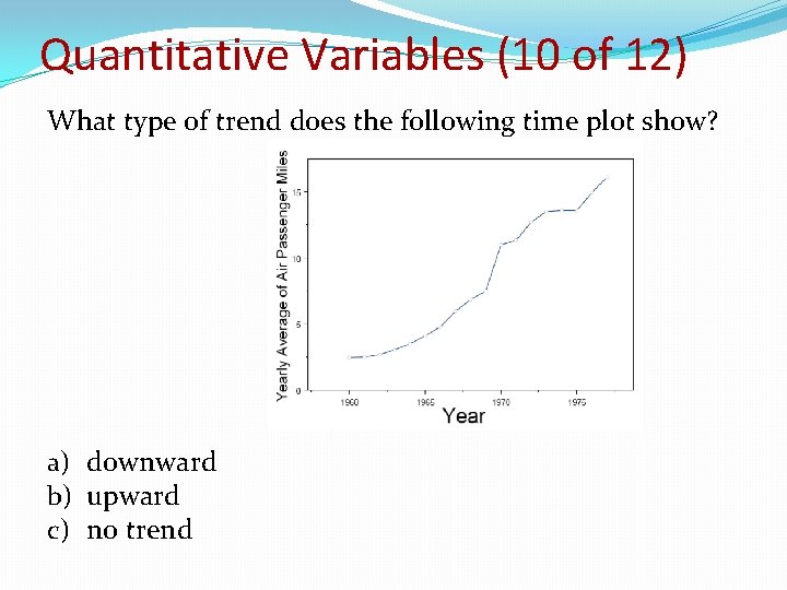 Quantitative Variables (10 of 12) What type of trend does the following time plot Quantitative Variables (10 of 12) What type of trend does the following time plot