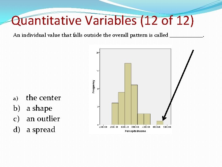 Quantitative Variables (12 of 12) An individual value that falls outside the overall pattern Quantitative Variables (12 of 12) An individual value that falls outside the overall pattern