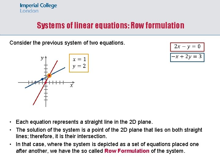 Systems of linear equations: Row formulation Consider the previous system of two equations. •