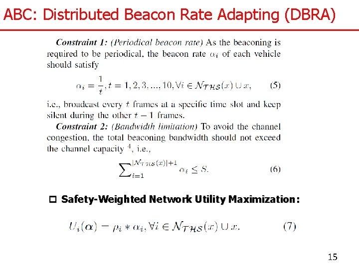 ABC: Distributed Beacon Rate Adapting (DBRA) p Safety-Weighted Network Utility Maximization: 15 