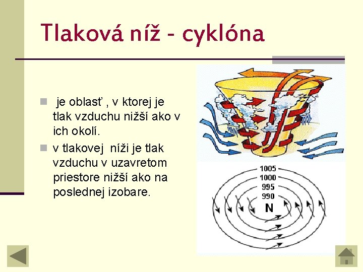 Tlaková níž - cyklóna n je oblasť , v ktorej je tlak vzduchu nižší Tlaková níž - cyklóna n je oblasť , v ktorej je tlak vzduchu nižší
