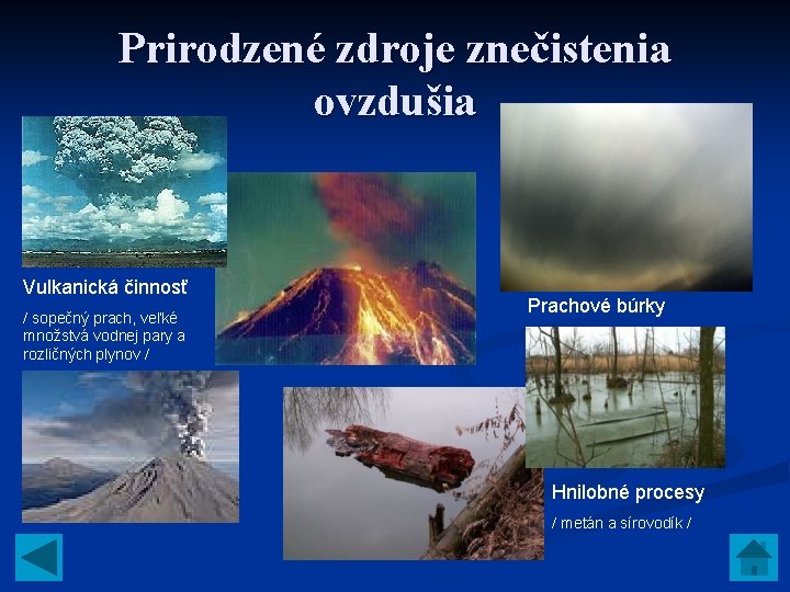 Prirodzené zdroje znečistenia ovzdušia Vulkanická činnosť / sopečný prach, veľké množstvá vodnej pary a Prirodzené zdroje znečistenia ovzdušia Vulkanická činnosť / sopečný prach, veľké množstvá vodnej pary a