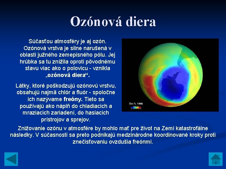 Ozónová diera Súčasťou atmosféry je aj ozón. Ozónová vrstva je silne narušená v oblasti Ozónová diera Súčasťou atmosféry je aj ozón. Ozónová vrstva je silne narušená v oblasti