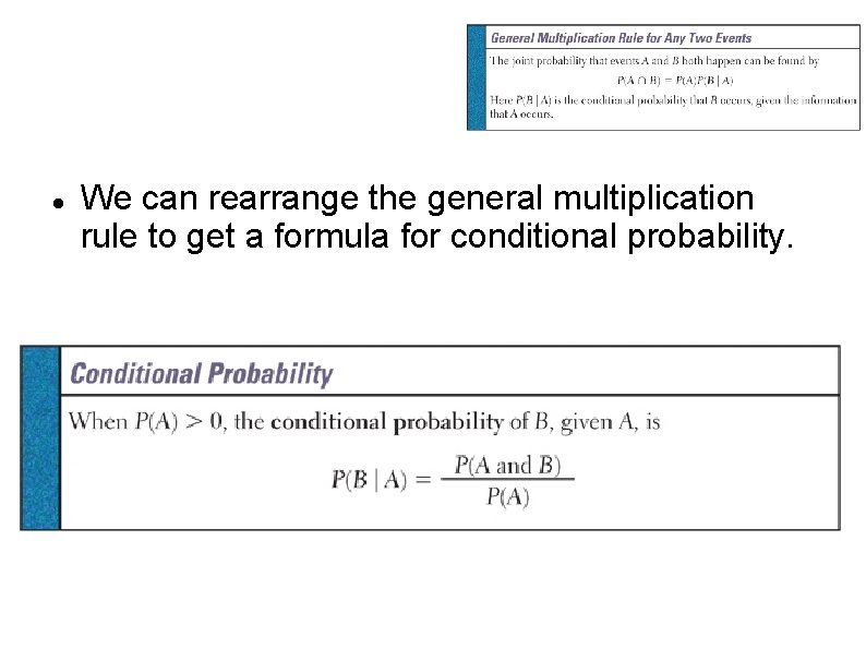  We can rearrange the general multiplication rule to get a formula for conditional