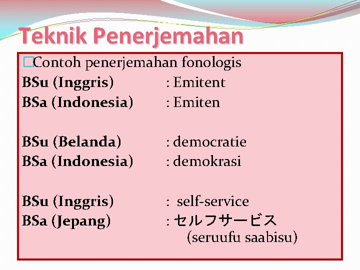 Teknik Penerjemahan �Contoh penerjemahan fonologis BSu (Inggris) : Emitent BSa (Indonesia) : Emiten BSu