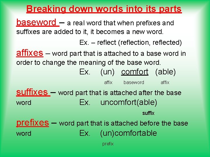 Breaking down words into its parts baseword – a real word that when prefixes