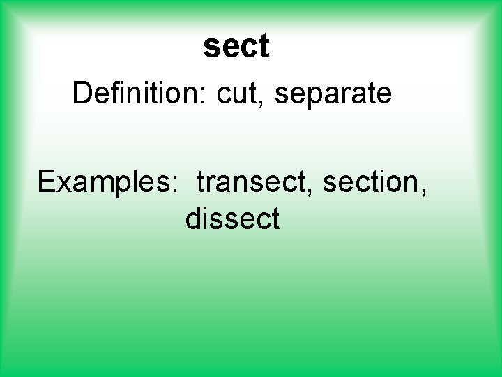 sect Definition: cut, separate Examples: transect, section, dissect 