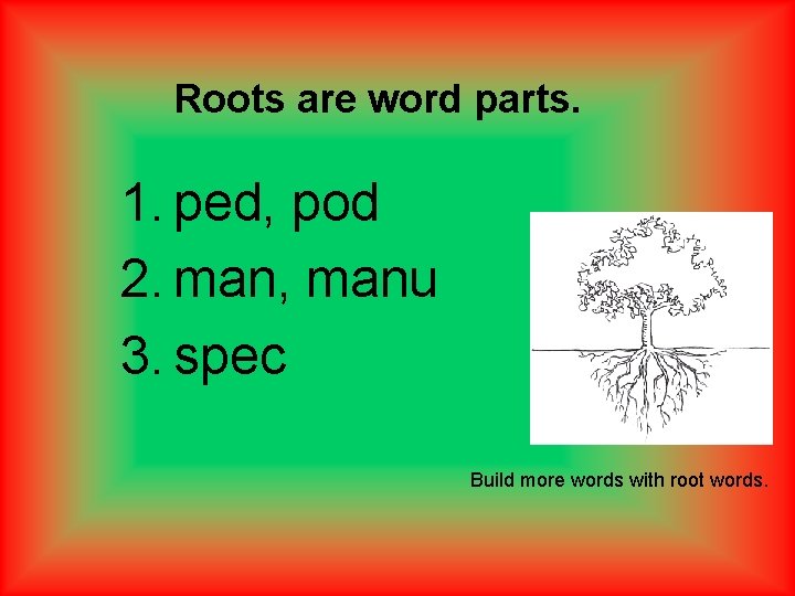 Roots are word parts. 1. ped, pod 2. man, manu 3. spec Build more