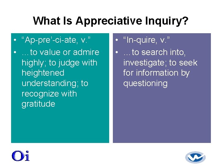 What Is Appreciative Inquiry? • “Ap-pre’-ci-ate, v. ” • …to value or admire highly;