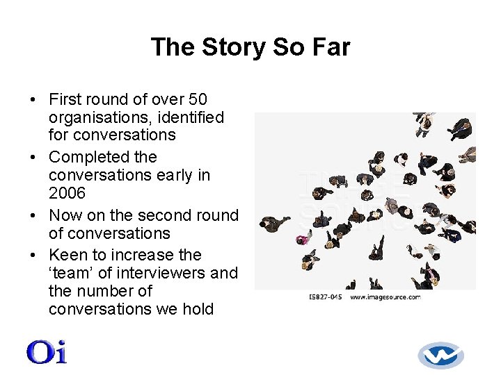 The Story So Far • First round of over 50 organisations, identified for conversations