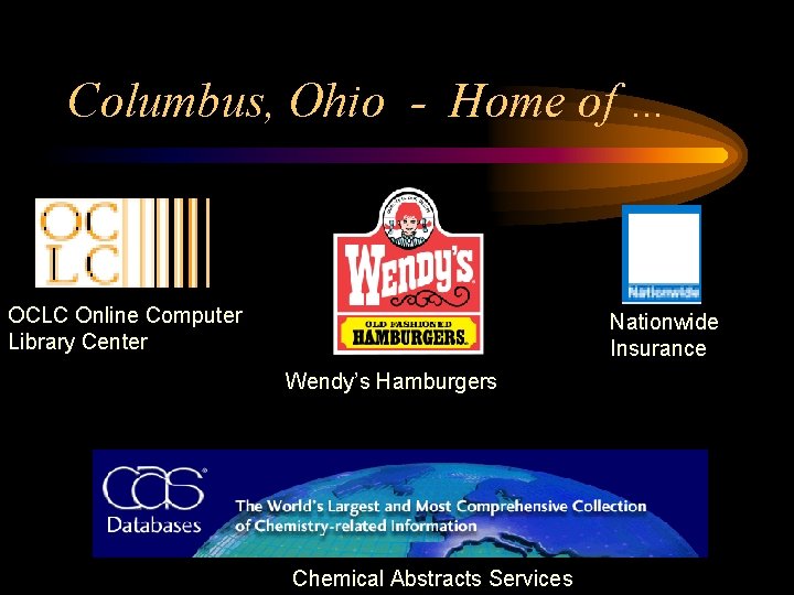 Columbus, Ohio - Home of … OCLC Online Computer Library Center Nationwide Insurance Wendy’s