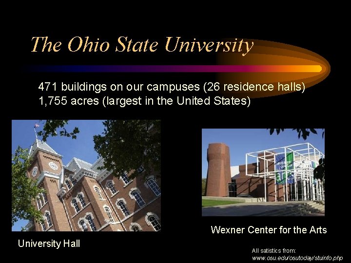 The Ohio State University 471 buildings on our campuses (26 residence halls) 1, 755
