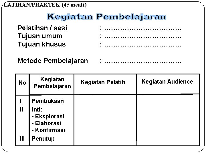 LATIHAN/PRAKTEK (45 menit) Pelatihan / sesi Tujuan umum Tujuan khusus : ……………………………. : ……………….