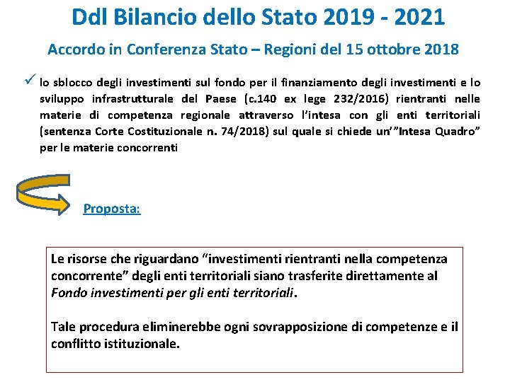 Ddl Bilancio dello Stato 2019 - 2021 Accordo in Conferenza Stato – Regioni del