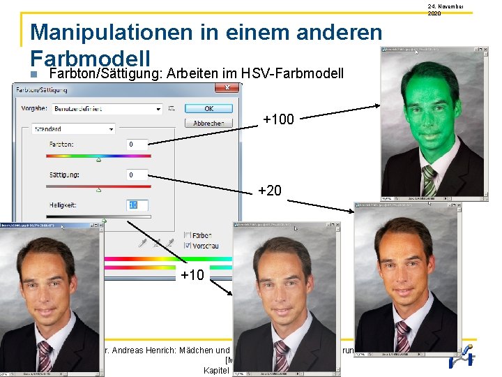 24. November 2020 Manipulationen in einem anderen Farbmodell Farbton/Sättigung: Arbeiten im HSV-Farbmodell +100 +20