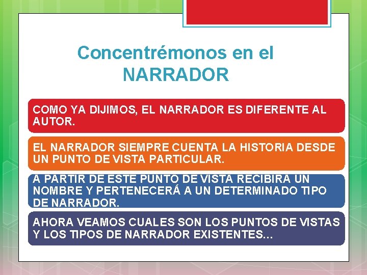 Concentrémonos en el NARRADOR COMO YA DIJIMOS, EL NARRADOR ES DIFERENTE AL AUTOR. EL