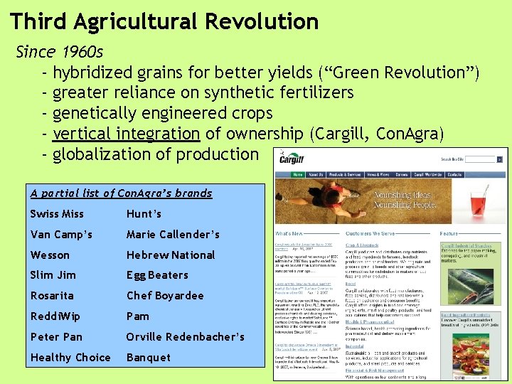 Third Agricultural Revolution Since 1960 s - hybridized grains for better yields (“Green Revolution”)