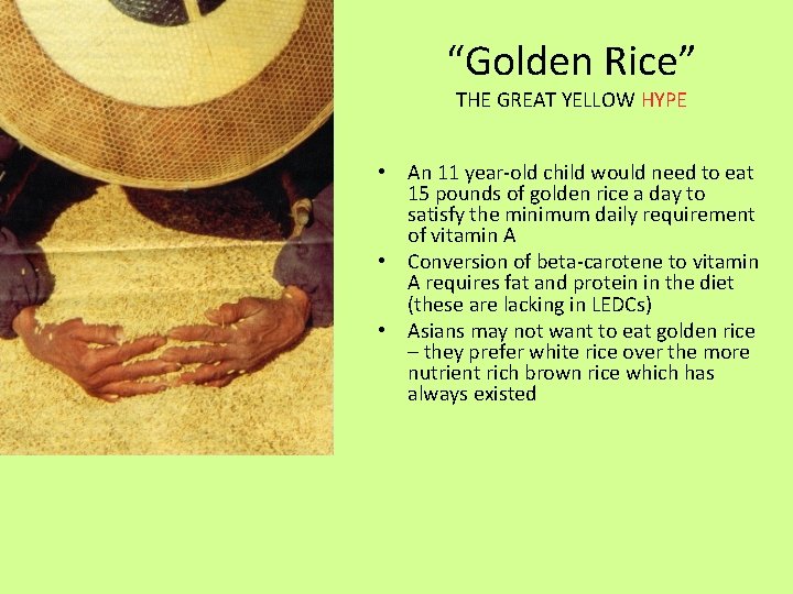 “Golden Rice” THE GREAT YELLOW HYPE • An 11 year-old child would need to