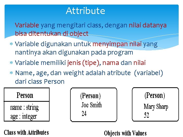 Attribute Variable yang mengitari class, dengan nilai datanya bisa ditentukan di object Variable digunakan