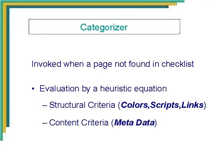 Categorizer Invoked when a page not found in checklist • Evaluation by a heuristic