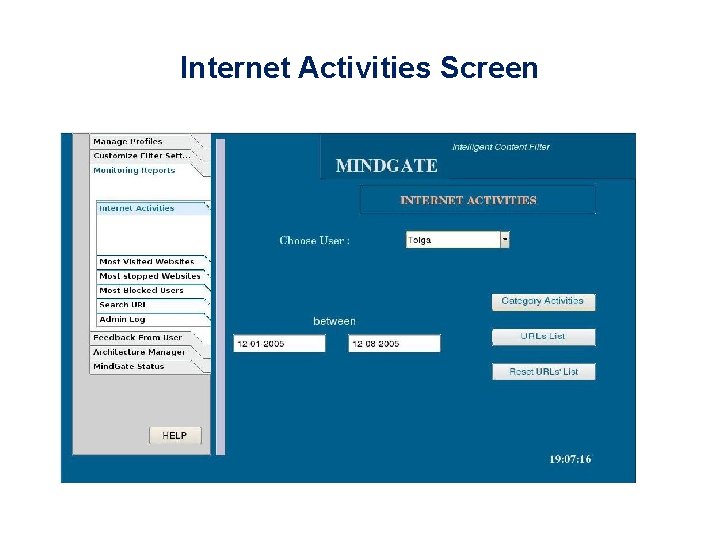 Internet Activities Screen 