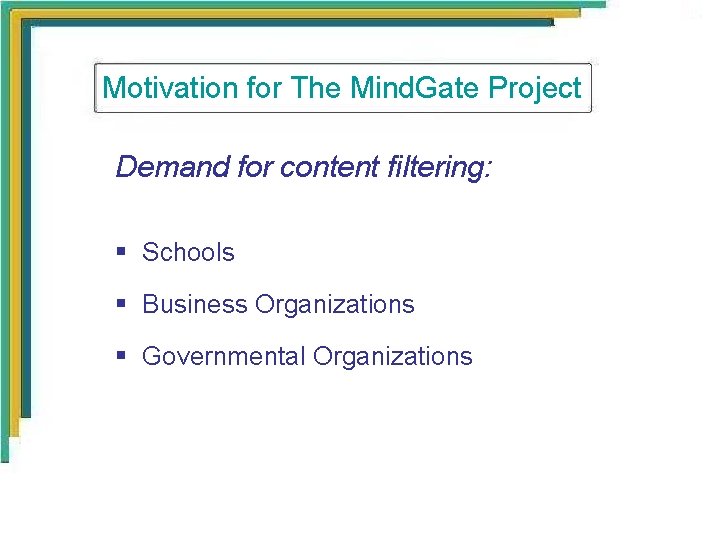 Motivation for The Mind. Gate Project Demand for content filtering: § Schools § Business