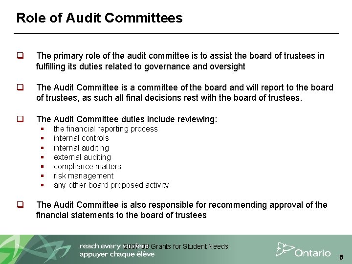Role of Audit Committees q The primary role of the audit committee is to