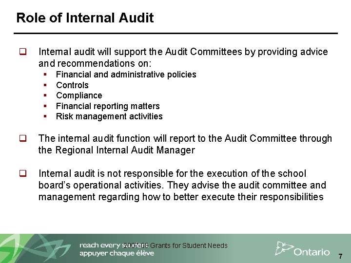 Role of Internal Audit q Internal audit will support the Audit Committees by providing