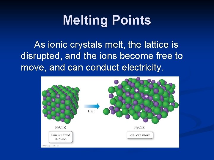 Melting Points As ionic crystals melt, the lattice is disrupted, and the ions become