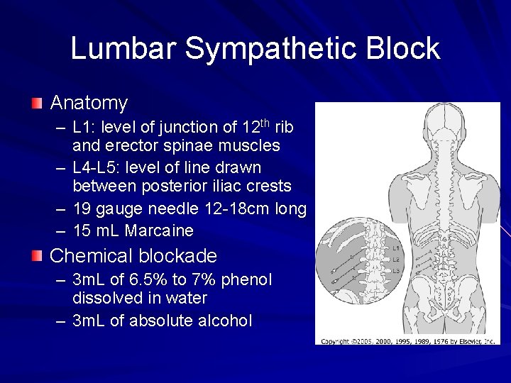Lumbar Sympathetic Block Anatomy – L 1: level of junction of 12 th rib