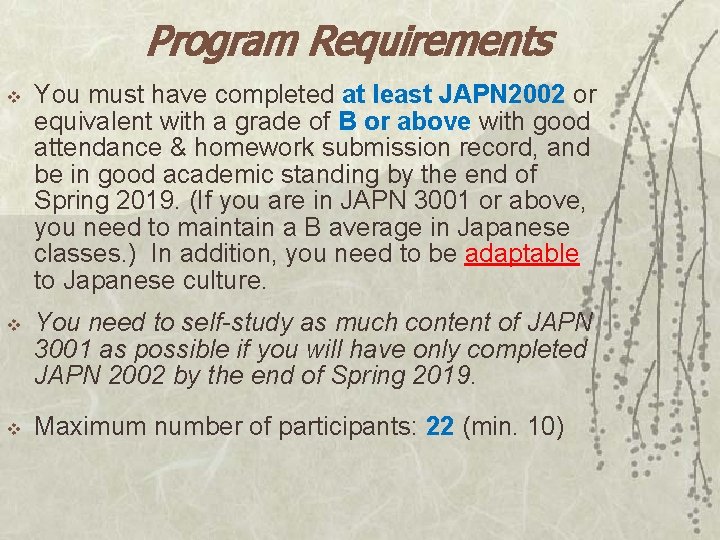 Program Requirements v You must have completed at least JAPN 2002 or equivalent with