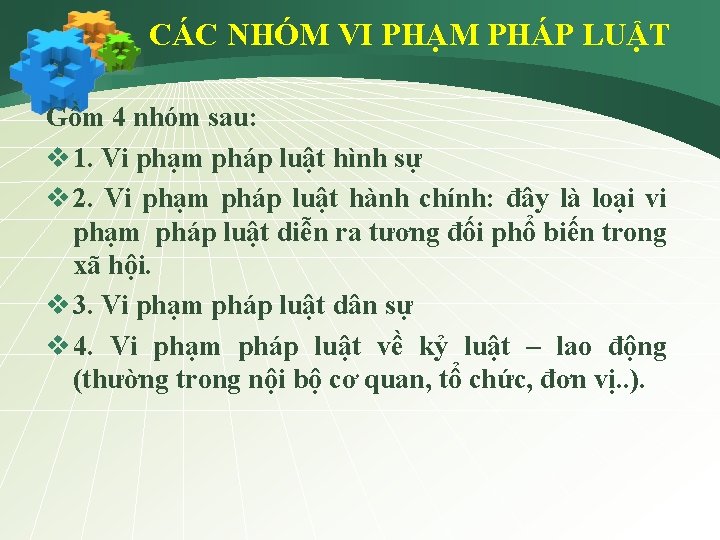 CÁC NHÓM VI PHẠM PHÁP LUẬT Gồm 4 nhóm sau: v 1. Vi phạm