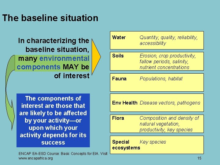 The baseline situation In characterizing the baseline situation, many environmental components MAY be of