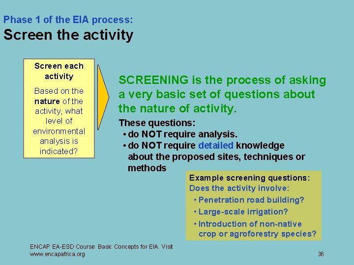 Phase 1 of the EIA process: Screen the activity Screen each activity Based on