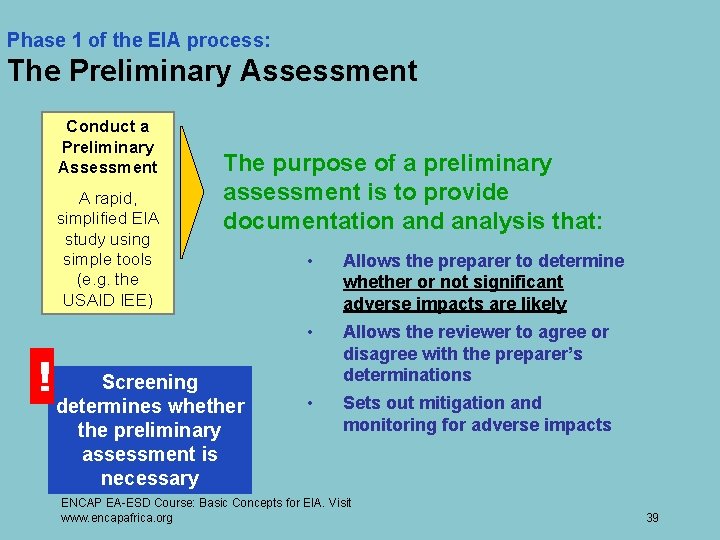 Phase 1 of the EIA process: The Preliminary Assessment Conduct a Preliminary Assessment A