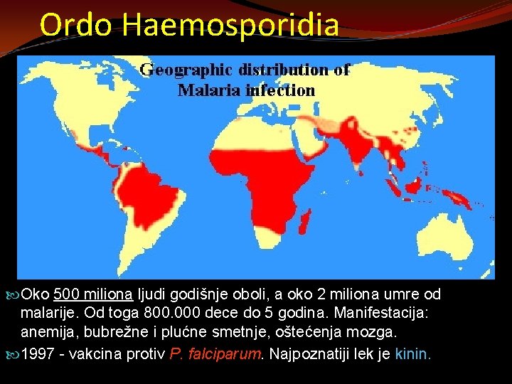 Ordo Haemosporidia Oko 500 miliona ljudi godišnje oboli, a oko 2 miliona umre od