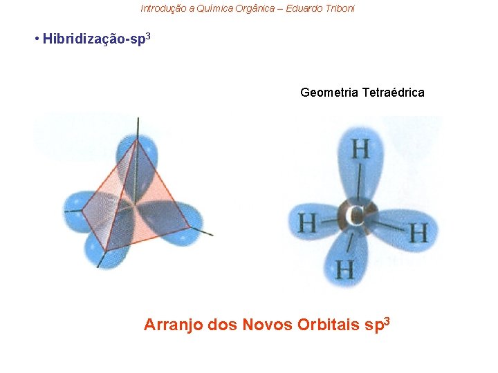 Introdução a Química Orgânica – Eduardo Triboni • Hibridização-sp 3 Geometria Tetraédrica Arranjo dos