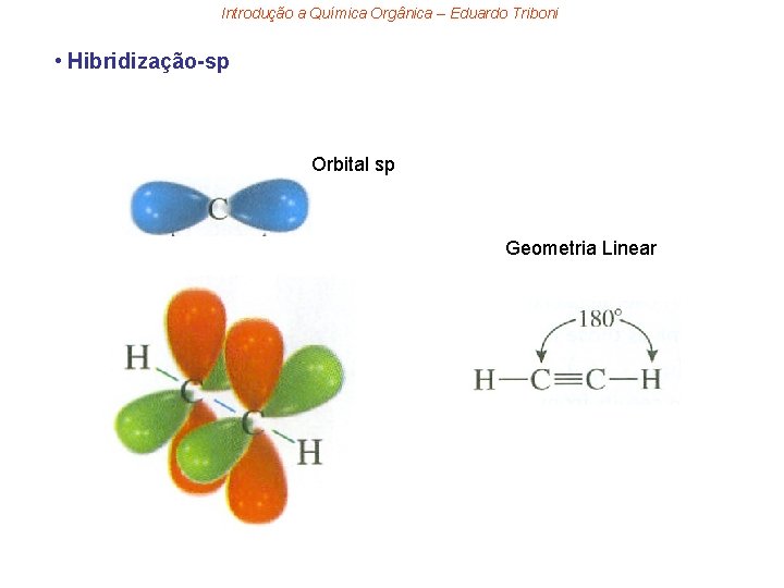 Introdução a Química Orgânica – Eduardo Triboni • Hibridização-sp Orbital sp Geometria Linear 