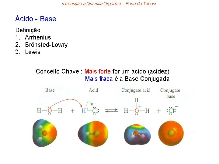 Introdução a Química Orgânica – Eduardo Triboni Ácido - Base Definição 1. Arrhenius 2.