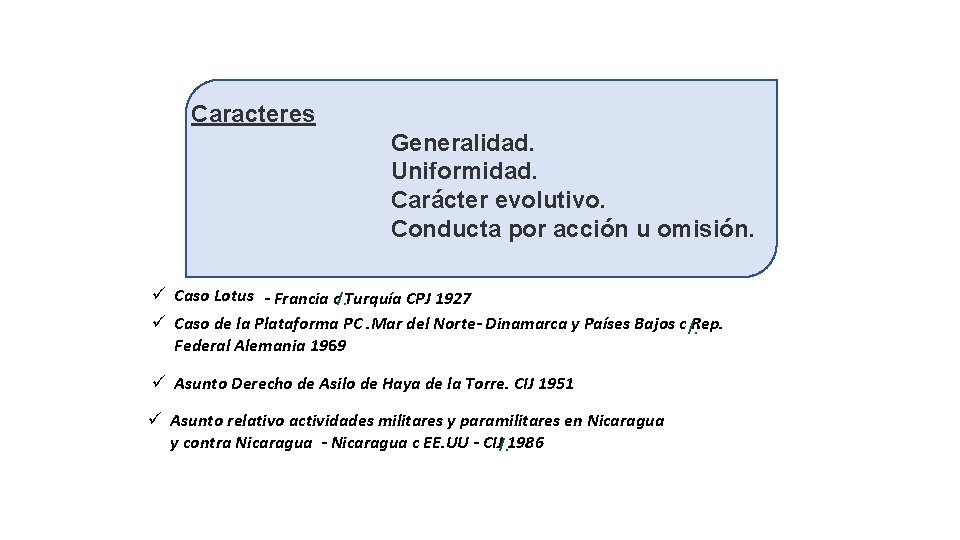 Caracteres Generalidad. Uniformidad. Carácter evolutivo. Conducta por acción u omisión. ü Caso Lotus -